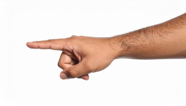 Pointing hand with extended index finger and visible arm hair isolated on white background, showing gesture and skin texture in natural light photo