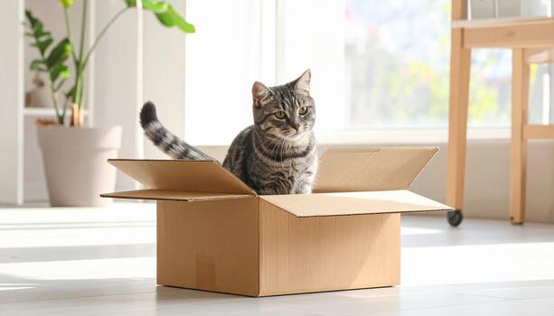 Gray tabby cat sitting inside cardboard box in bright room with natural light, creating cozy and curious atmosphere photo