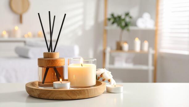 Aromatic reed diffuser and lit candles on wooden tray create calming and cozy atmosphere in softly lit spa room with blurred background and natural light photo