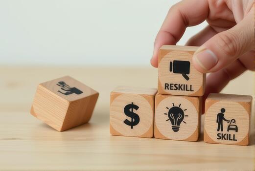 Wooden blocks with icons representing reskilling, skills, and financial growth are being arranged by hand on wooden surface, symbolizing career development and learning photo