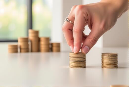 Hand with ring stacks coins on table, symbolizing financial growth and savings. background shows blurred stacks of coins, suggesting focus on personal finance and investment photo