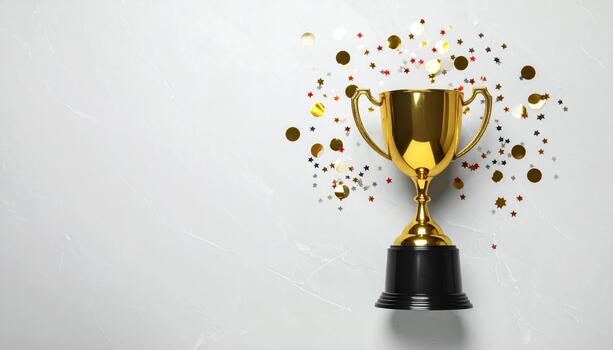 Golden trophy cup with black base surrounded by colorful confetti on light textured background, symbolizing victory and celebration with shiny festive atmosphere photo