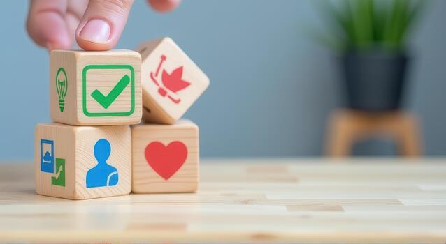Wooden blocks with colorful icons including lightbulb, check mark, leaf, person, and heart are stacked on wooden table. hand is adjusting one block. blurred plant is in background photo