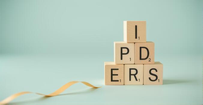 Wooden blocks stacked in pyramid spell out letters against soft green background, with ribbon adding playful touch photo
