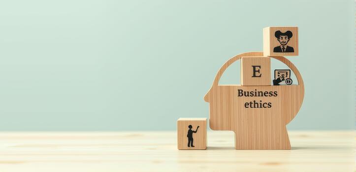 Wooden blocks form human head shape with Business ethics text, symbolizing ethical business practices. Additional blocks depict business icons, emphasizing integrity and professionalism photo