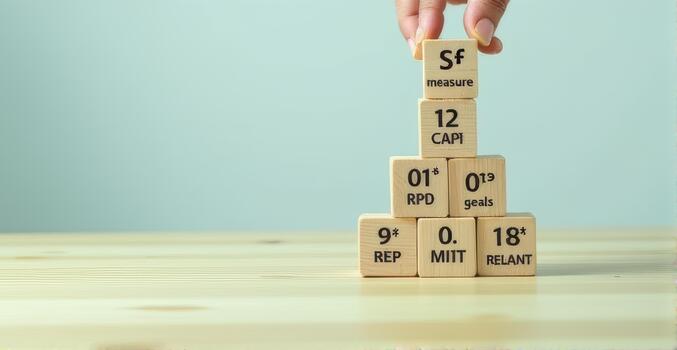 Hand carefully stacks wooden blocks with various symbols and numbers on wooden table, forming pyramid shape. background is soft blue, creating calm and focused atmosphere photo
