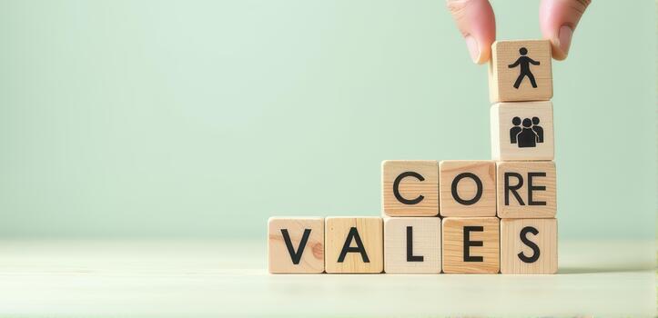 Wooden blocks spelling CORE VALUES are stacked in staircase pattern, with icons representing people and teamwork. hand places final block, symbolizing growth and development photo