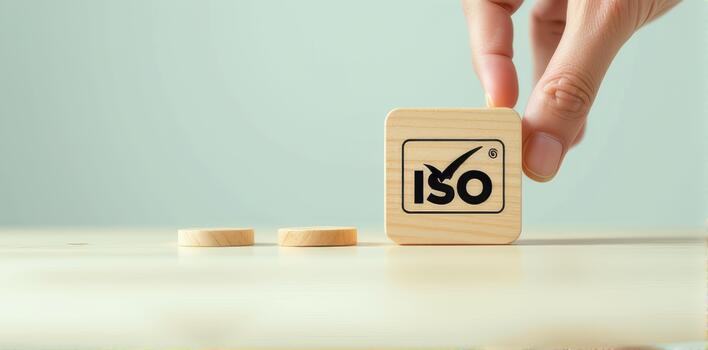 Hand holding wooden block with ISO certification symbol, representing quality assurance and standards. block is placed on light wooden surface, conveying sense of reliability and trust photo
