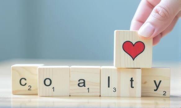 Wooden letter blocks spell out coalty with hand placing block featuring red heart symbol, creating playful and warm atmosphere photo