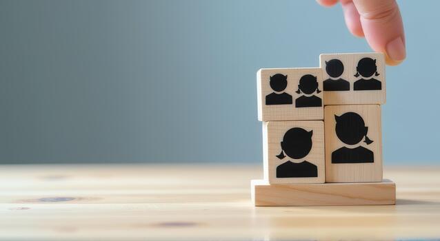 Wooden blocks with silhouettes of people are stacked on table, with hand placing one block. concept represents teamwork, organization, or human resources. background is neutral, emphasizing blocks photo