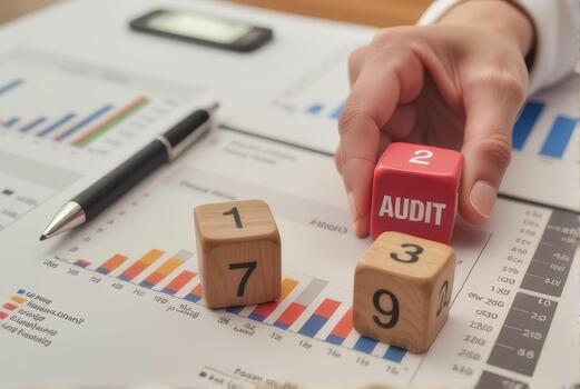 Hand holding red cube labeled audit is placed on financial documents with charts and graphs, alongside wooden cubes with numbers. pen and calculator are nearby, suggesting financial analysis photo