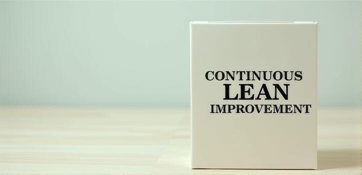 White binder with text Continuous Lean Improvement stands on wooden surface, symbolizing focus on efficiency and productivity enhancement in business processes photo