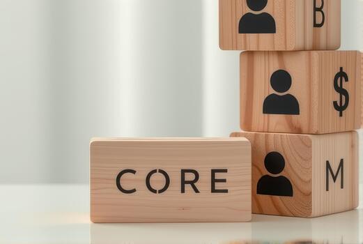 Wooden blocks with icons and word CORE symbolize business concepts and teamwork. blocks feature person icons and currency symbols, representing collaboration and financial focus photo