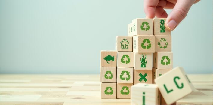 A person is stacking wooden blocks with recycling symbols photo