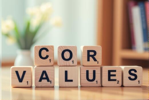 Wooden blocks spelling core values are arranged on table, with blurred background of flowers and books, creating warm and inviting atmosphere photo