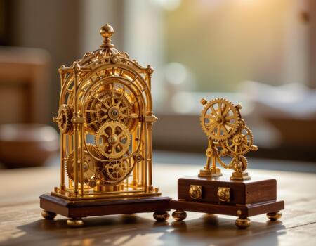 Intricate golden clockwork mechanisms with gears and cogs displayed on wooden table, illuminated by warm sunlight, showcasing craftsmanship and elegance photo