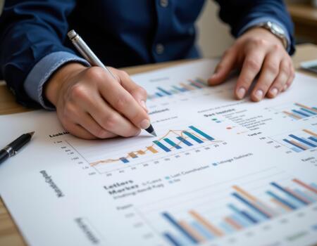 Person analyzing financial charts with pen, focusing on graphs and data trends. scene conveys sense of concentration and business analysis, highlighting financial planning photo