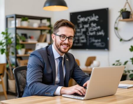 Smiling man in suit works on laptop in modern office with plants and chalkboard in background, creating professional yet relaxed atmosphere photo