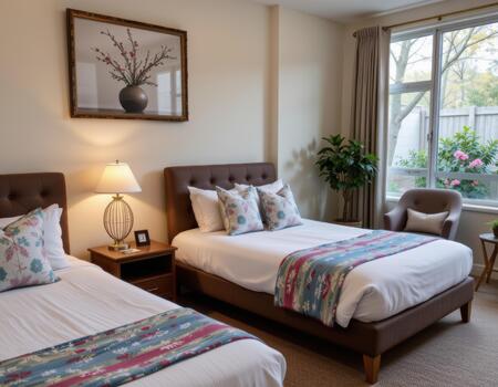 Cozy bedroom with two neatly made beds, adorned with floral patterned pillows and throws, exudes warmth. lamp on wooden nightstand and large window with curtains enhance inviting atmosphere photo