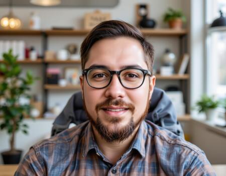 Man with glasses and beard smiles warmly in cozy, modern office setting. background features shelves with plants and books, creating welcoming and professional atmosphere photo