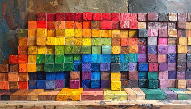 Wooden blocks arranged in colorful rainbow pattern with various shades of red, orange, yellow, green, blue, and purple, creating vibrant and artistic display photo