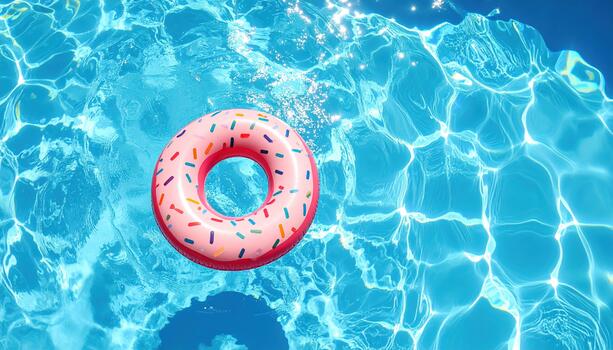 Pink inflatable donut float with colorful sprinkles floating on clear blue water in swimming pool under bright sunlight photo