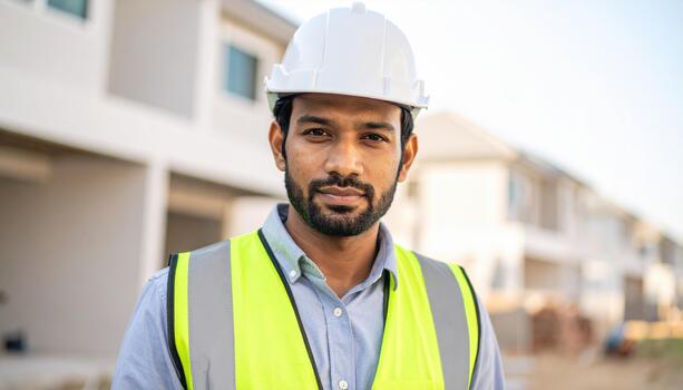 A man in a hard hat and vest standing in front of a house photo
