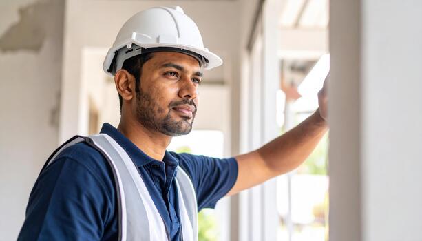 A man in a hard hat and vest standing in front of a wall photo