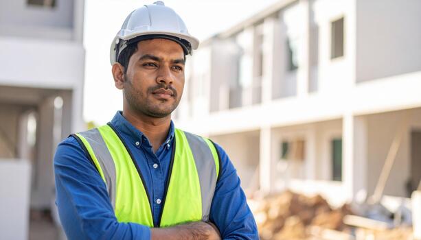 Indian construction worker standing in front of a building photo
