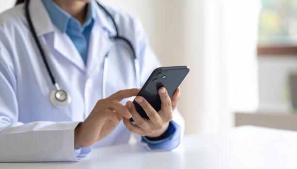Healthcare professional white coat uses smartphone, showcasing modern technology medical practice. image reflects integration of digital tools healthcare settings, enhancing communication photo