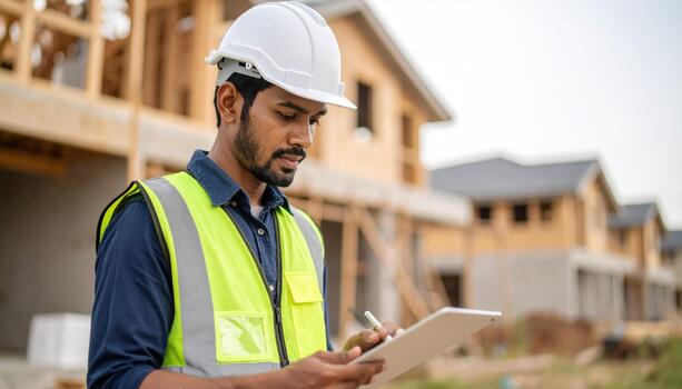 Construction worker in safety vest and hard hat is inspecting plans on tablet at building site, surrounded by wooden structures. scene conveys professionalism and focus photo