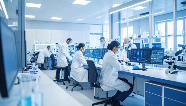 Laboratory environment with scientists conducting research and analysis. team is focused their work, utilizing advanced technology and equipment. atmosphere is professional and collaborative photo