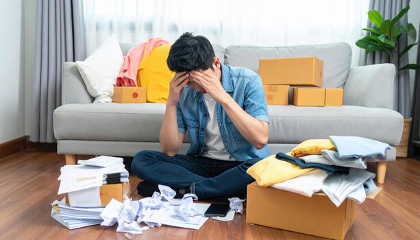 Young man sits floor surrounded by boxes and crumpled papers, showing signs of stress and frustration. cluttered living space reflects chaotic environment, emphasizing emotional burden photo