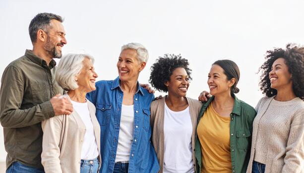 Diverse group of six adults stands together outdoors, smiling and enjoying each other company. scene conveys warmth, friendship, and connection among individuals of varying ages and backgrounds photo