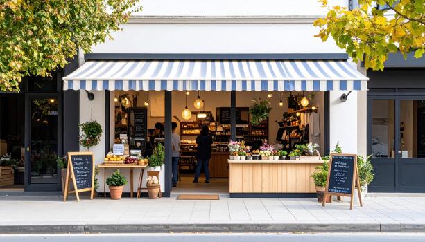 Charming storefront of local bakery featuring striped awning, wooden display, and potted plants. inviting atmosphere showcases fresh produce and baked goods, creating warm, welcoming vibe photo