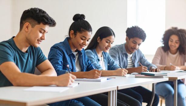 Students engaged in classroom setting, focused on writing and taking notes. atmosphere is collaborative and educational, showcasing diverse group of young individuals photo
