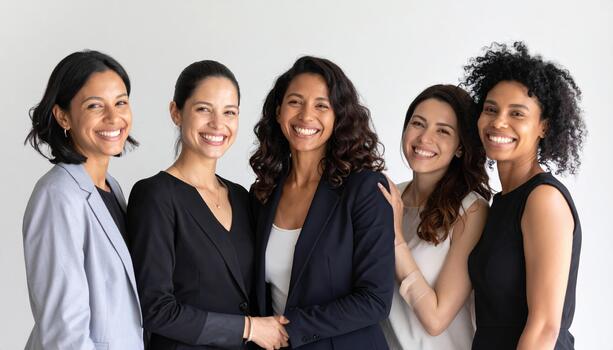 Empowered women stand together, showcasing confidence and unity in professional setting. Their diverse styles and warm smiles reflect positive atmosphere of collaboration and support photo