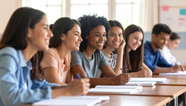 Engaged students classroom setting, smiling and focused their work, showcasing collaborative learning environment. atmosphere is positive and encouraging, highlighting teamwork and friendship photo