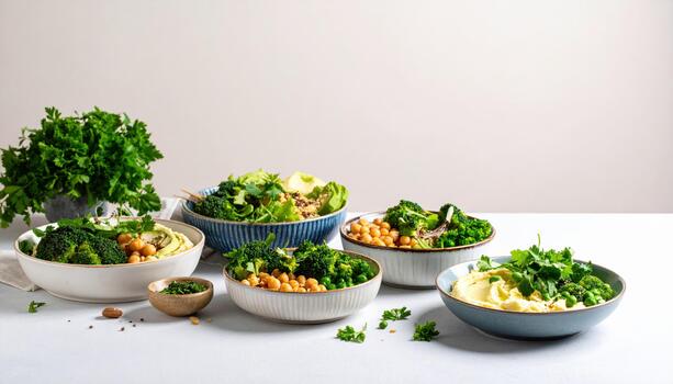 A variety of bowls filled with different types of food photo
