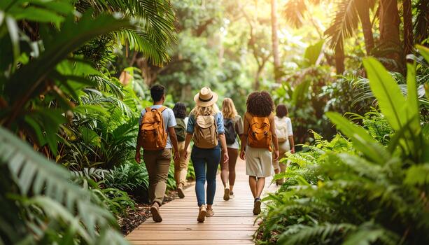 Group of people walking on a path through tropical forest photo