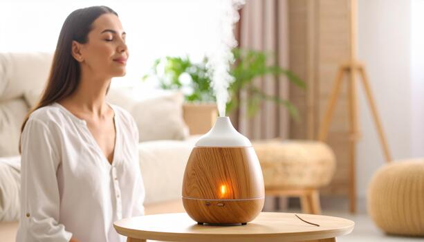 mujer disfruta calmante efectos de esencial petróleo difusor, rodeado por sereno interior ambiente. difusor emite amable neblina, mejorando relajación y tranquilidad foto