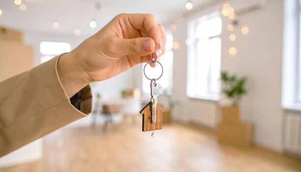 Hand holds keychain with wooden house shaped key in bright, modern interior space. background features soft lighting and cozy atmosphere, symbolizing new beginnings and home ownership photo