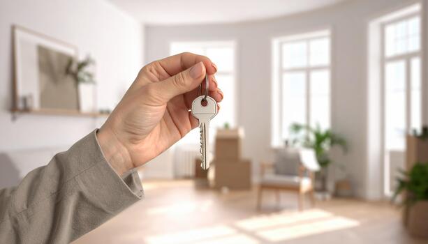 Hand holding key in bright, modern interior space with large windows and plants. atmosphere conveys sense of new beginnings and homeownership photo