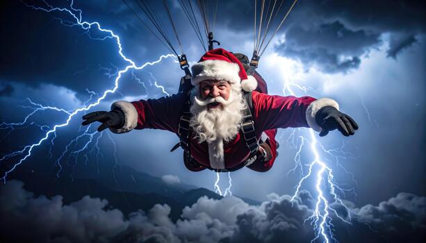 Festive Santa skydiver fearlessly descends through dramatic storm. Lightning illuminates dark clouds, creating an intense, adventurous scene of extreme parachuting photo