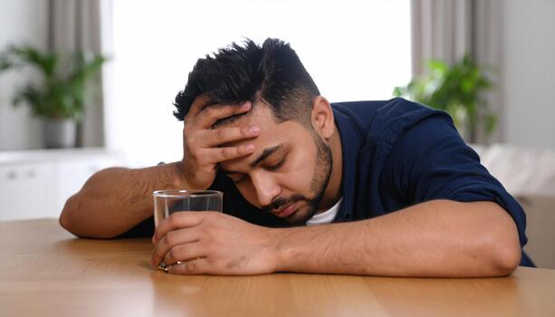 Man appears distressed, resting his head his hand while sitting table with glass of water. setting is bright room with plants background, conveying sense of emotional struggle and contemplation photo