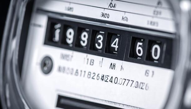 Close up of electric meter showing reading 19334.60, with focus on digital display and mechanical dials, capturing utility measurement process and energy consumption data photo
