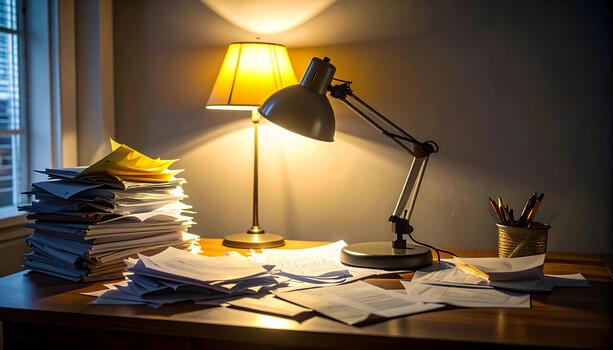 Cluttered desk illuminated by desk lamp and floor lamp, with stacks of papers and pen holder, creating busy workspace with warm lighting and shadows photo