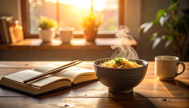 Cozy kitchen scene with steaming bowl of noodles, open book with chopsticks resting on it, coffee mug, and sunlight streaming through window, creating warm and inviting atmosphere photo