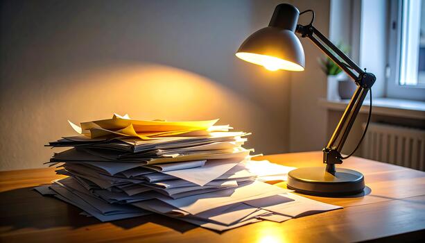 Cluttered desk illuminated by warm desk lamp, with large pile of papers and documents, in room with window and radiator, creating cozy yet busy workspace atmosphere photo
