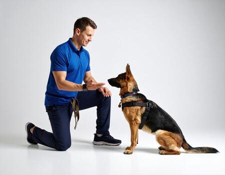 Man in blue shirt kneeling and giving command to German Shepherd dog wearing harness, both focused and attentive, in studio with plain background photo